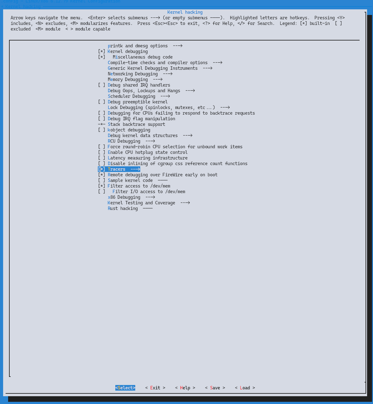 최상위 메뉴에서 Kernel hacking 항목 선택